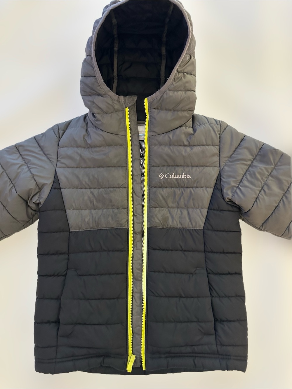 Columbia Kids Powder Lite Hooded Jacket - Gray, Black & Neon Yellow Trim